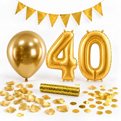 40-års festpaket, Guld, Stor – paketets dekorationer på vit bakgrund