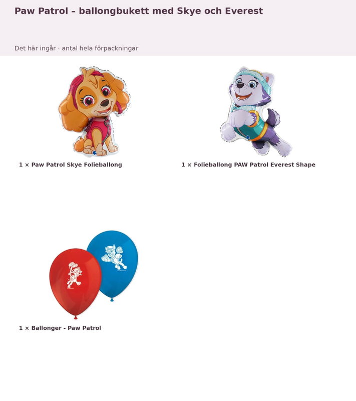 Paw Patrol – ballongbukett med Skye och Everest – innehåll och antal
