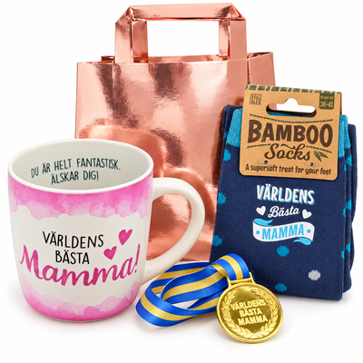 Mors dag – färdig presentpåse med mammamugg, strumpor och metallmedalj – paketöversikt