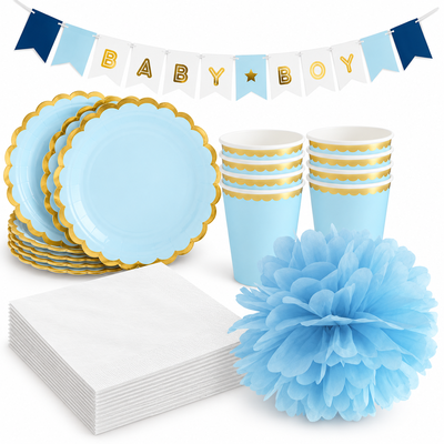 Babyshower pojke – blå och guld – fikapaket, 12 gäster – samlat paketinnehåll