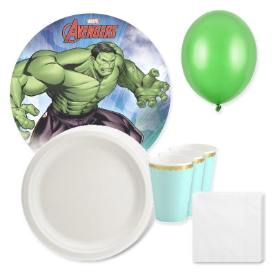 Hulken – tårtbild, mintgrön/vit dukning och gröna ballonger för 6 gäster – samlat paketinnehåll