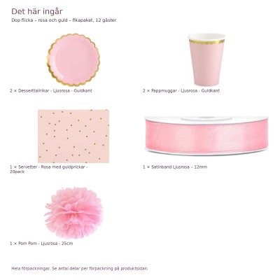 Dop flicka – rosa och guld – fikapaket, 12 gäster – innehåll och antal förpackningar