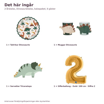 2-årskalas, Dinosauriekalas, kalaspaket, 6 gäster – innehåll och antal, sifferballong 100 cm