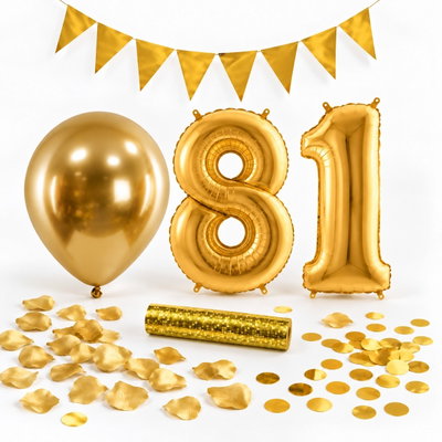 81-års festpaket, Guld, Stor – paketets dekorationer på vit bakgrund