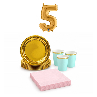 5-årskalas, Mint, rosa och guld, kalaspaket, 6 gäster – sammansatt bild av paketets produkter