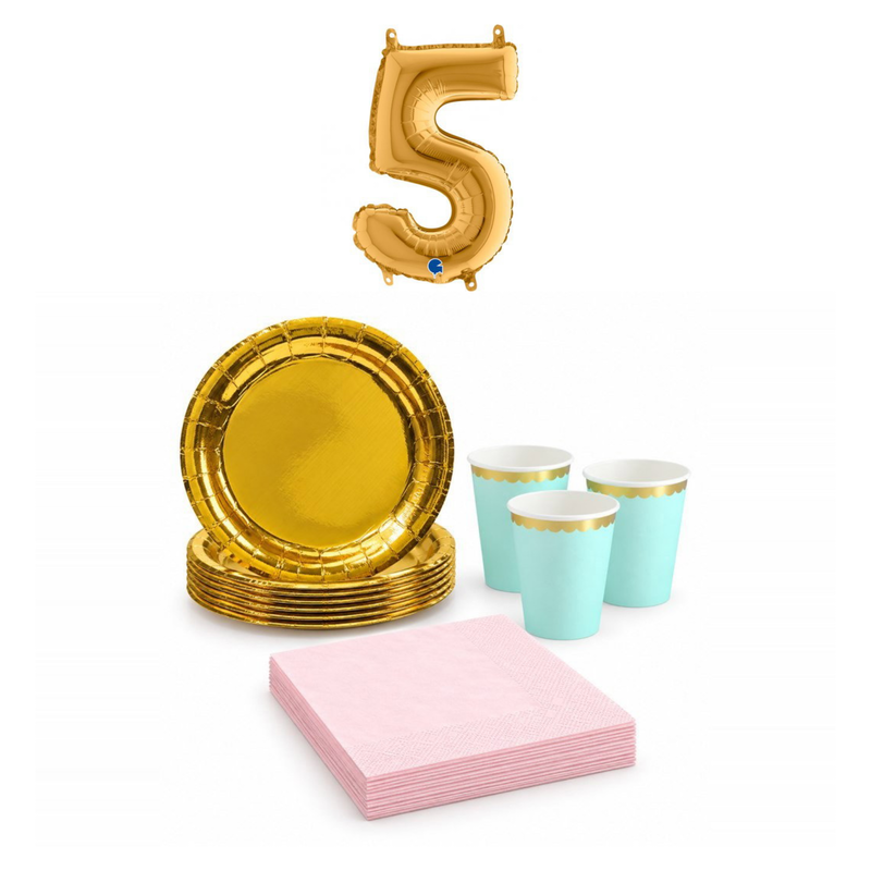 5-årskalas, Mint, rosa och guld, kalaspaket, 6 gäster – sammansatt bild av paketets produkter