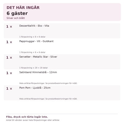 Dop pojke – silver och blått – fikadukning, 6 gäster – innehåll och antal