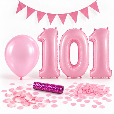 101-års festpaket, Rosa, Stor – paketets dekorationer på vit bakgrund