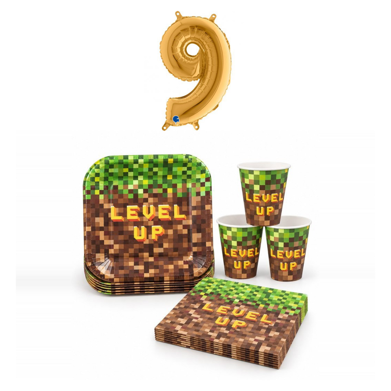 9-årskalas, Gamingkalas i pixeltema, kalaspaket, 8 gäster – sammansatt bild av paketets produkter