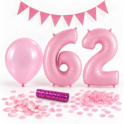 62-års festpaket, Rosa, Stor – paketets dekorationer på vit bakgrund