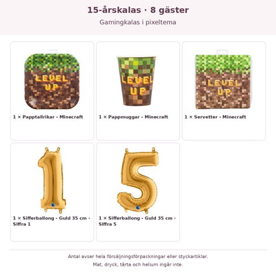 15-årskalas, Gamingkalas i pixeltema, kalaspaket, 8 gäster – innehåll och antal förpackningar