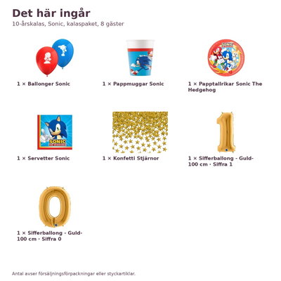 10-årskalas, Sonic, kalaspaket, 8 gäster – innehåll och antal, sifferballong 100 cm
