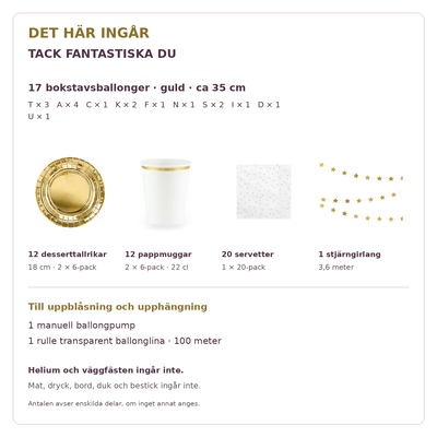 Innehåll och exakta antal – TACK FANTASTISKA DU, 35 cm bokstäver och dukning för 12