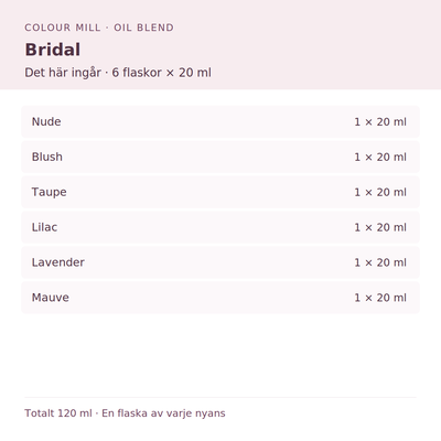 Paketinnehåll: 1 × Nude 20 ml, 1 × Blush 20 ml, 1 × Taupe 20 ml, 1 × Lilac 20 ml, 1 × Lavender 20 ml, 1 × Mauve 20 ml