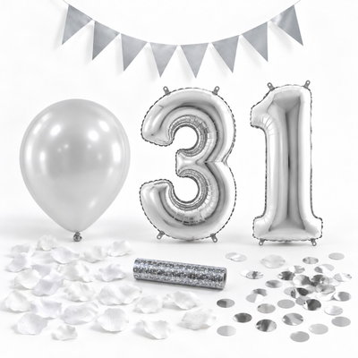 31-års festpaket, Silver, Stor – paketets dekorationer på vit bakgrund