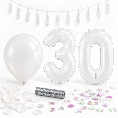 30-års festpaket, Vitt, Stor – paketets dekorationer på vit bakgrund