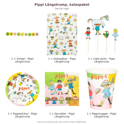 Pippi Långstrump, kalaspaket – innehåll och antal förpackningar