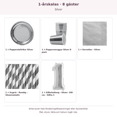 1-årskalas, Silver, kalaspaket, 8 gäster – innehåll och antal förpackningar