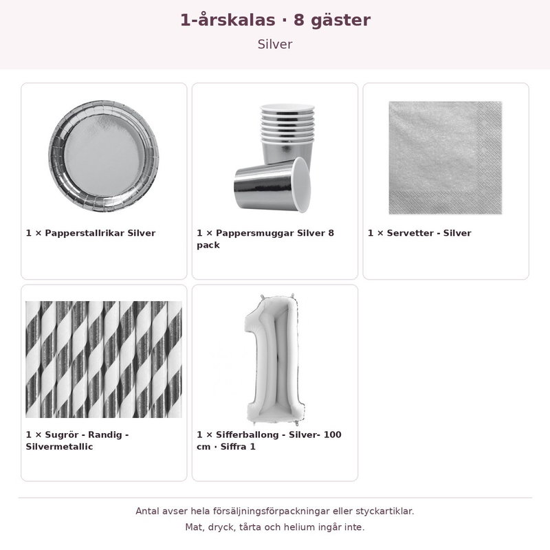 1-årskalas, Silver, kalaspaket, 8 gäster – innehåll och antal förpackningar