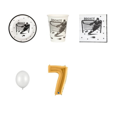 7-årskalas, Hockey, kalaspaket, 8 gäster – paketets produkter med sifferballong 100 cm