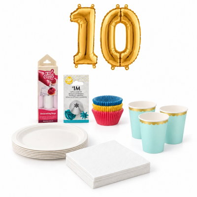 10-årskalas, Bakkalas – dekorera cupcakes, kalaspaket, 6 gäster – paketets produkter