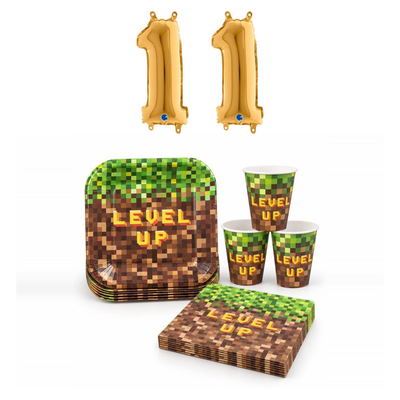 11-årskalas, Gamingkalas i pixeltema, kalaspaket, 8 gäster – sammansatt bild av paketets produkter