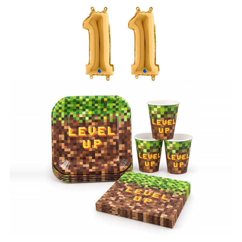 11-årskalas, Gamingkalas i pixeltema, kalaspaket, 8 gäster – sammansatt bild av paketets produkter