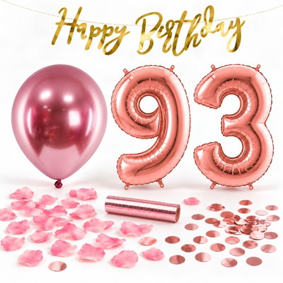 93-års festpaket, Roséguld, Stor – paketets dekorationer på vit bakgrund