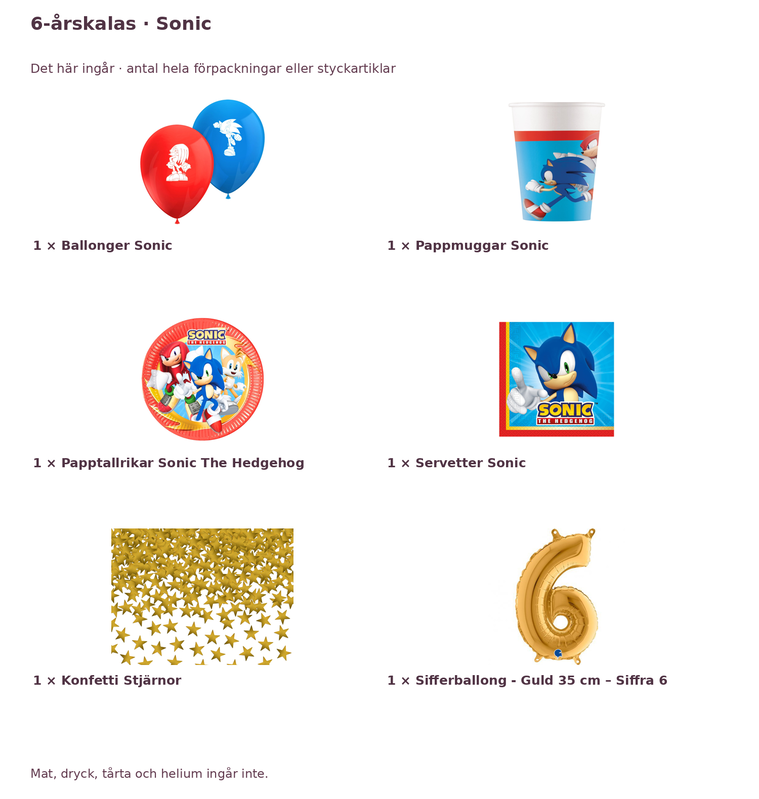 6-årskalas, Sonic, kalaspaket, 8 gäster – innehåll och antal förpackningar