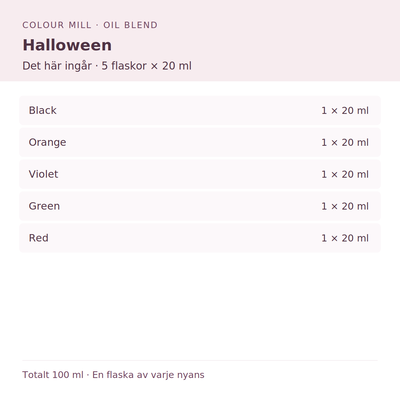 Paketinnehåll: 1 × Black 20 ml, 1 × Orange 20 ml, 1 × Violet 20 ml, 1 × Green 20 ml, 1 × Red 20 ml