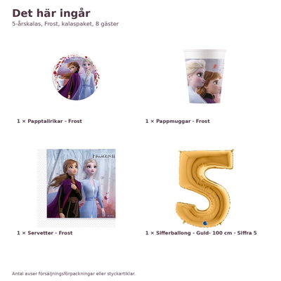5-årskalas, Frost, kalaspaket, 8 gäster – innehåll och antal, sifferballong 100 cm