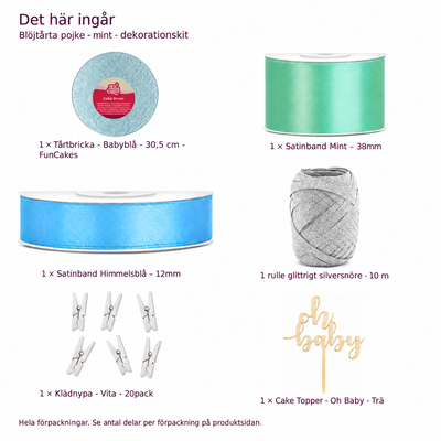 Paketets innehåll med babyblå tårtbricka 30,5 cm