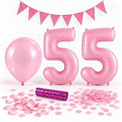 55-års festpaket, Rosa, Stor – paketets dekorationer på vit bakgrund