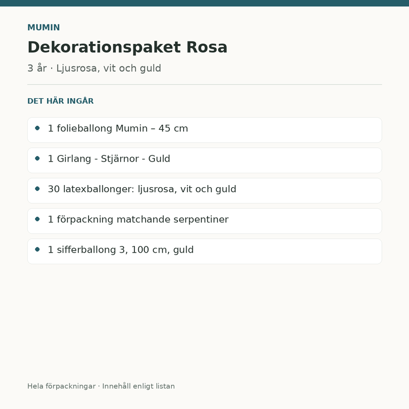 Mumin 3 år – dekorationspaket Rosa – innehåll och antal