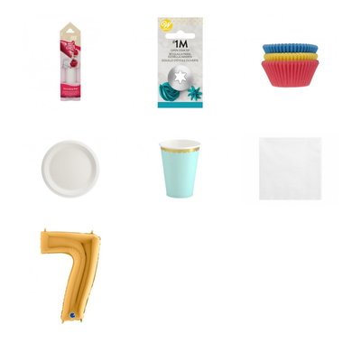 7-årskalas, Bakkalas – dekorera cupcakes, kalaspaket, 6 gäster – paketets produkter med sifferballong 100 cm