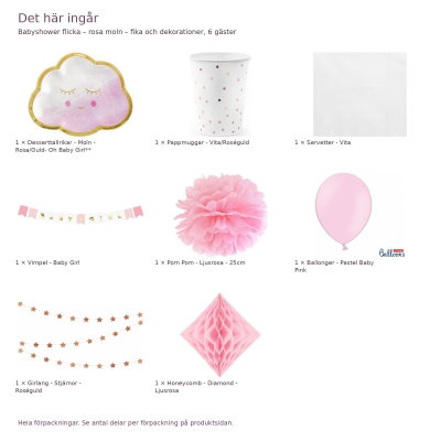 Babyshower flicka – rosa moln – fika och dekorationer, 6 gäster – innehåll och antal förpackningar
