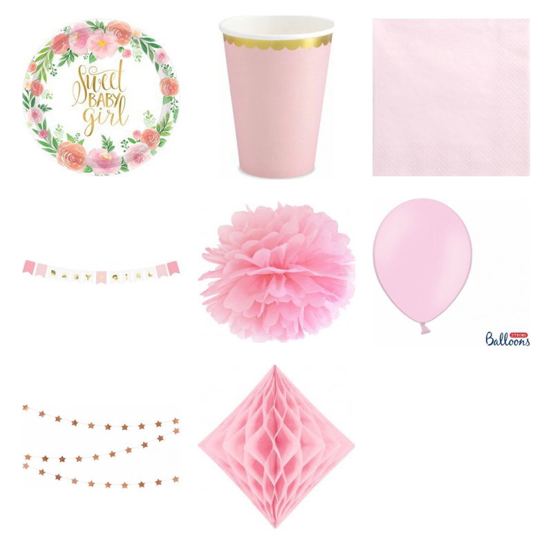 Babyshower flicka – floral och rosa – fika och dekorationer, 12 gäster – produktöversikt