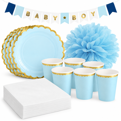 Babyshower pojke – blå och guld – fikapaket, 6 gäster – samlat paketinnehåll