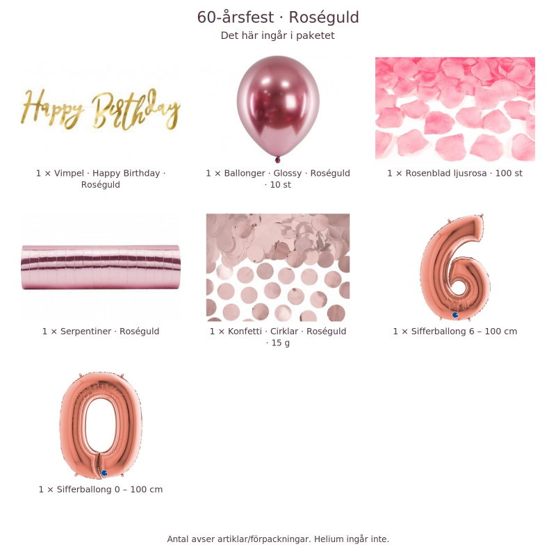 60-års festpaket, Roséguld, Stor – innehåll och antal förpackningar