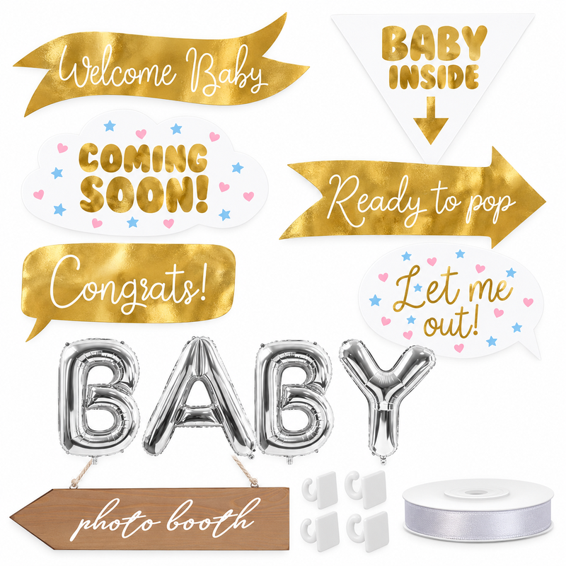 Babyshowerns lekfulla fotobås – sex skyltar och silvertext