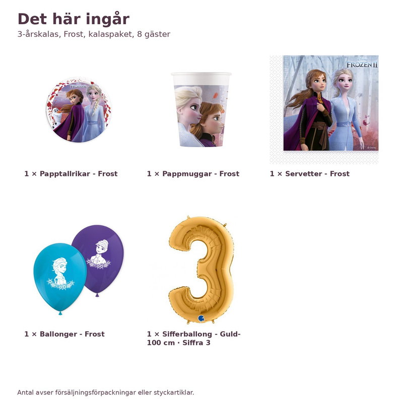 3-årskalas, Frost, kalaspaket, 8 gäster – innehåll och antal, sifferballong 100 cm