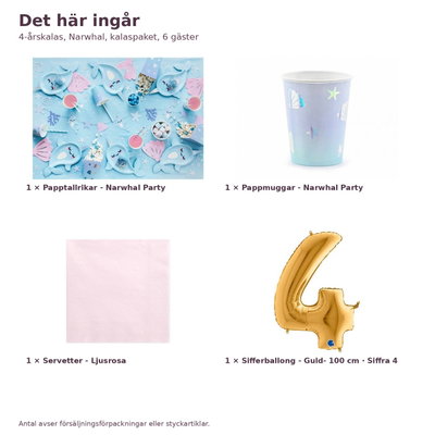 4-årskalas, Narwhal, kalaspaket, 6 gäster – innehåll och antal, sifferballong 100 cm