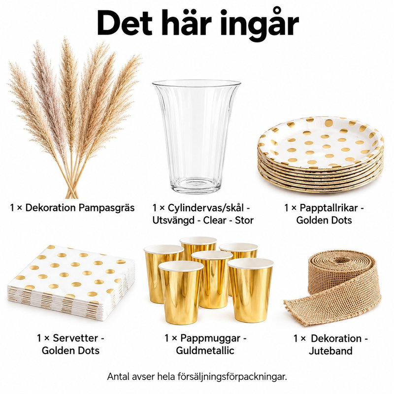 Pampas och guld – sex platser på gårdsfesten – innehåll och antal försäljningsförpackningar