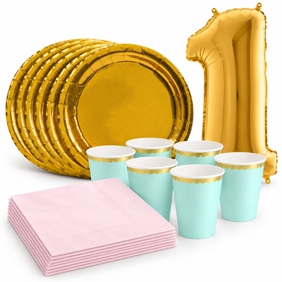 1-årskalas, Mint, rosa och guld, kalaspaket, 6 gäster – samlat paketinnehåll