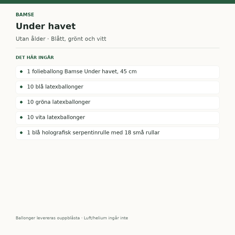 Bamse Under havet – dekorationspaket – innehåll och antal