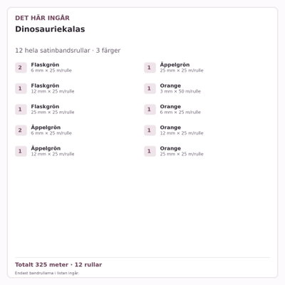 Det här ingår – Satinbandspaket – Dinosauriekalas – 12 rullar