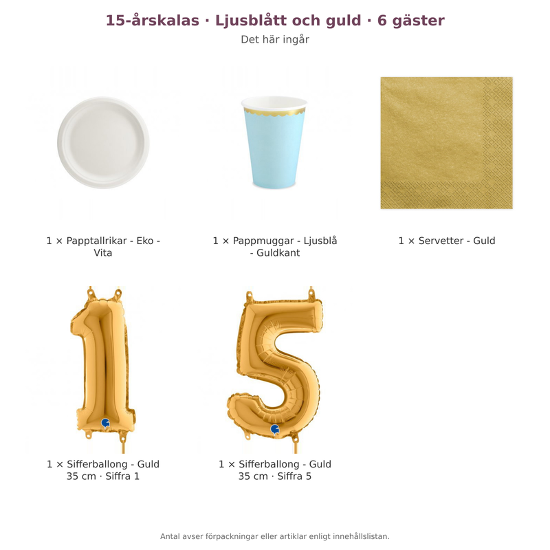 15-årskalas, Ljusblått och guld, kalaspaket, 6 gäster – innehåll och antal förpackningar