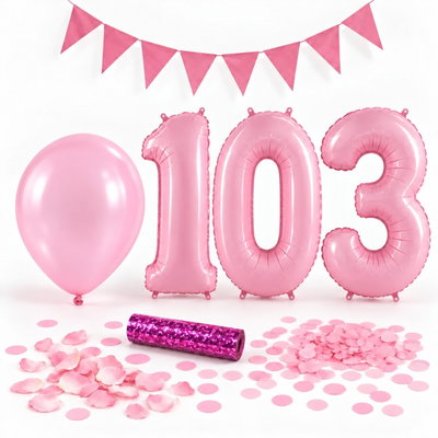 103-års festpaket, Rosa, Stor – paketets dekorationer på vit bakgrund
