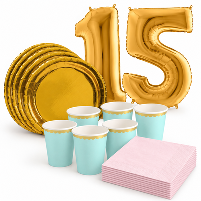 15-årskalas, Mint, rosa och guld, kalaspaket, 6 gäster – samlat paketinnehåll