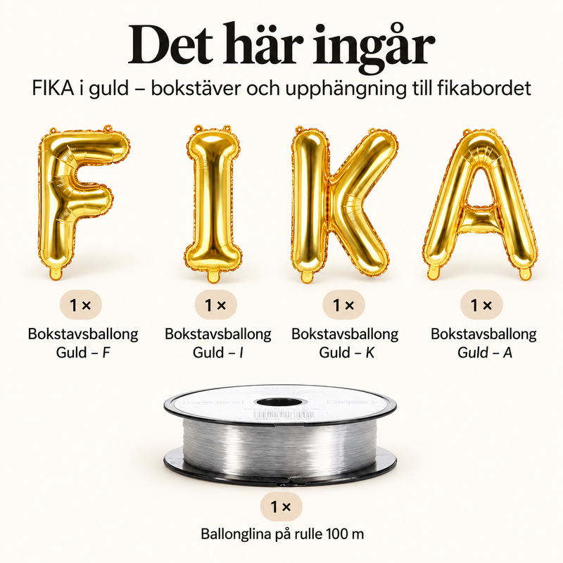 FIKA i guld – bokstäver och upphängning till fikabordet – innehåll